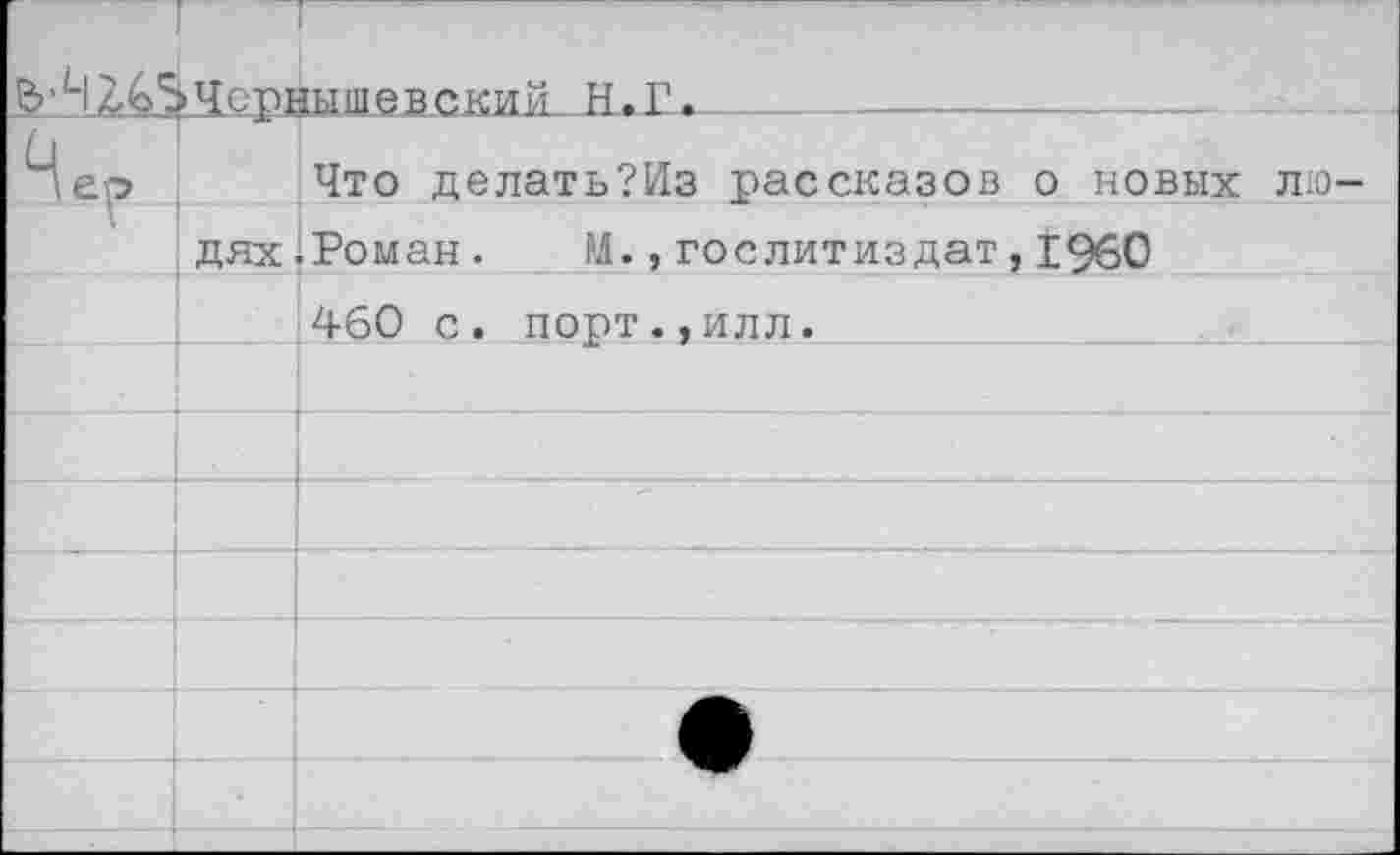 ﻿1^!2^5Чсрнышевский. Н.Г.
4 ер Что делать?Из рассказов о новых лю
дях.Роман. М.,Гослитиздат,1960
460 с. порт.,илл.